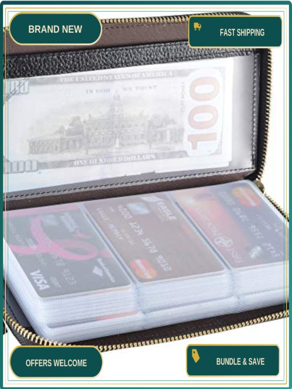 Genuine Cowhide Leather RFID Blocking Credit Card Holder Wallet Zipper Case